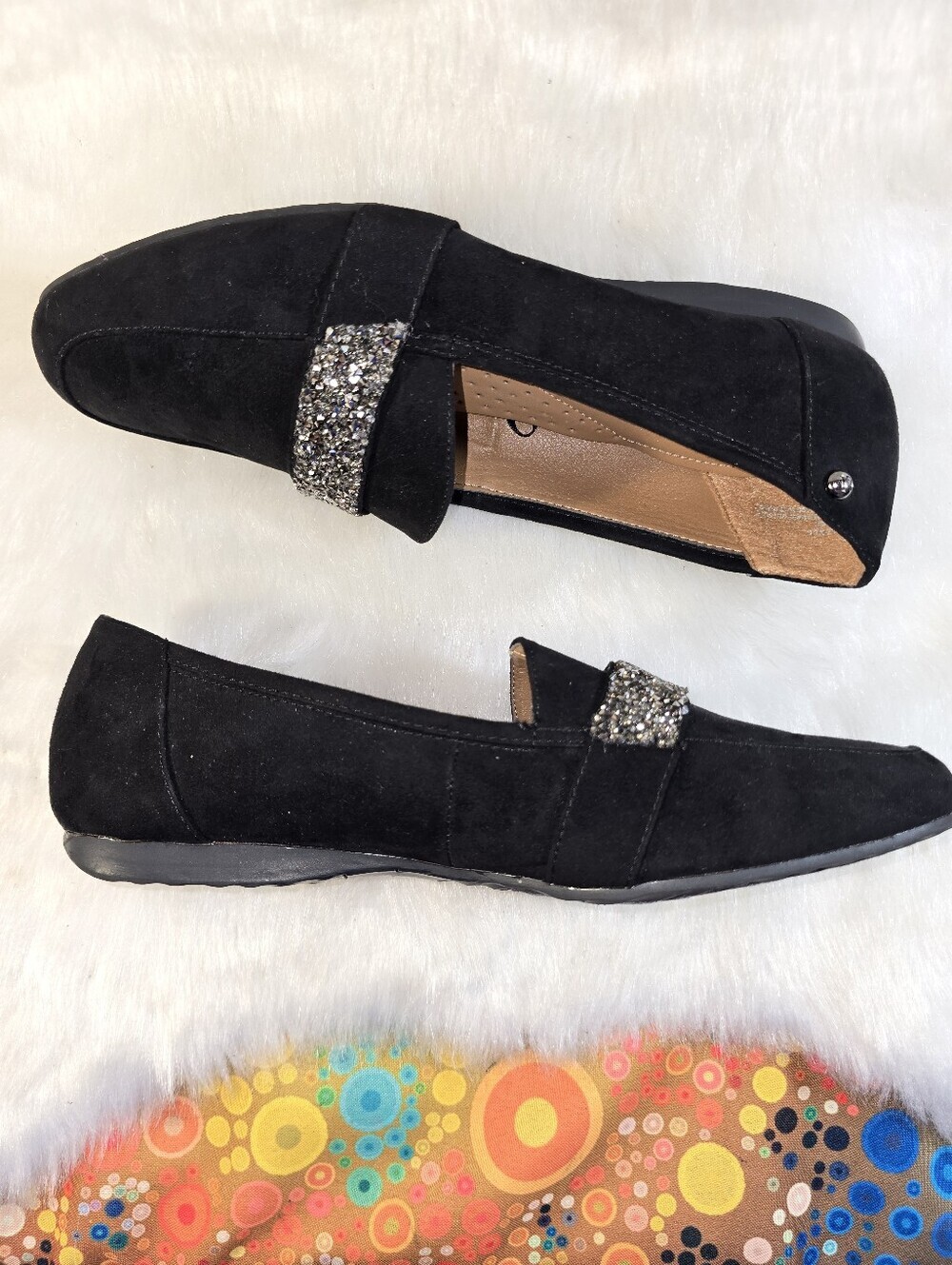 Women's London Fog Alexus Black Suede Loafers with Crystal Strap